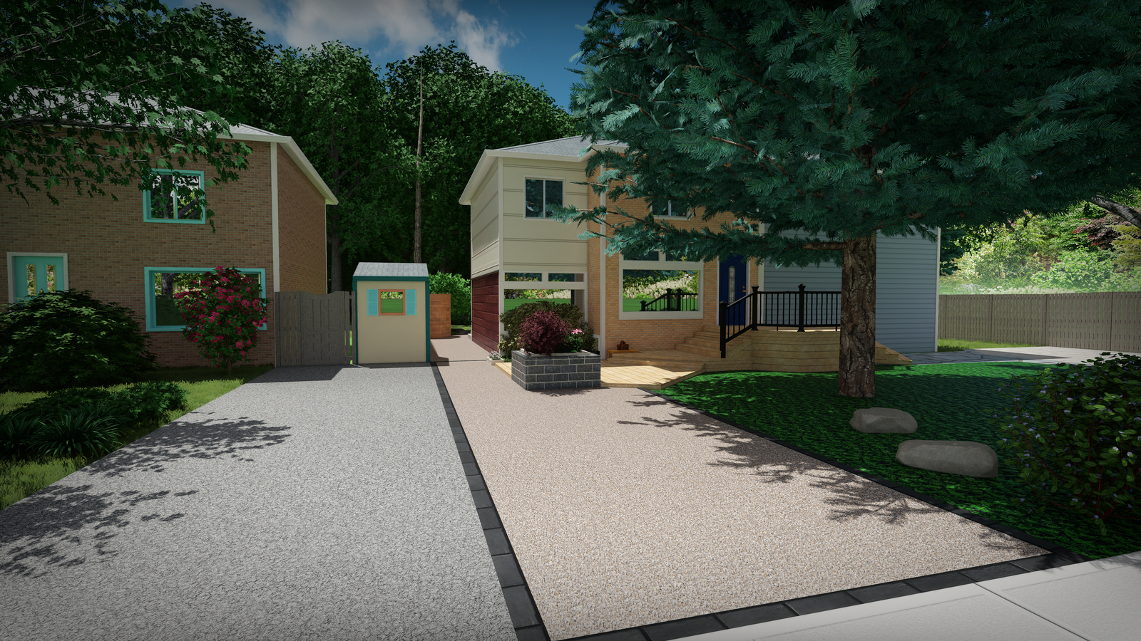 Straight-on 3D render of a two-tone resin-bound driveway