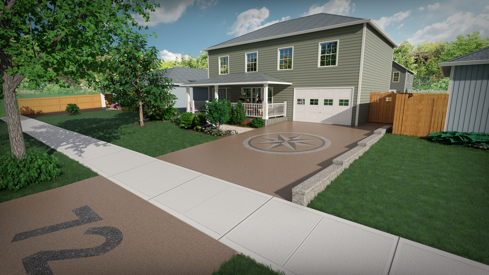 3D render of a resin-bound driveway with a custom compass-rose inlay detail